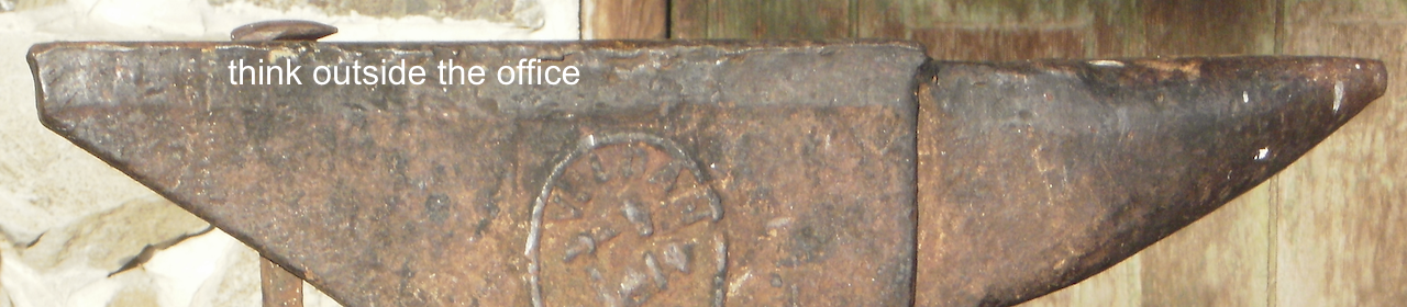 A photograph of blacksmith anvil, with the motto "think outside the office."
