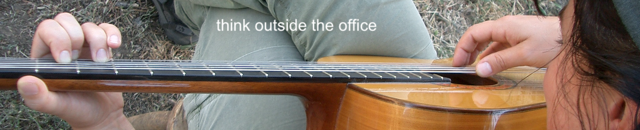 A photograph of hands on the neck and strings of a guitar, with the motto "think outside the office."